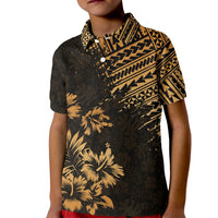 Kids' polo shirt in black with gold geometric and palm print, short sleeves, button placket