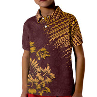 Kids polo shirt, maroon with yellow floral and geometric print, button collar, short sleeves