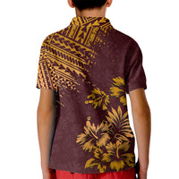 Kids polo shirt, maroon with yellow floral and geometric back print, short sleeves, collar