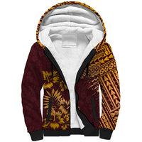 Sherpa hoodie with white fleece-lined hood, maroon and tan Polynesian print