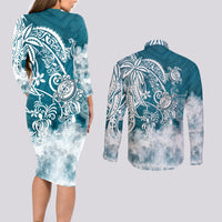 Polynesian Sea Turtle Couples Matching Long Sleeve Bodycon Dress and Long Sleeve Button Shirts Tribal LT6 - Wonder Print Shop