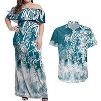 Polynesian Sea Turtle Couples Matching Off Shoulder Maxi Dress and Hawaiian Shirt Tribal LT6 - Wonder Print Shop