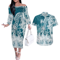 Polynesian Sea Turtle Couples Matching Off The Shoulder Long Sleeve Dress and Hawaiian Shirt Tribal LT6 - Wonder Print Shop