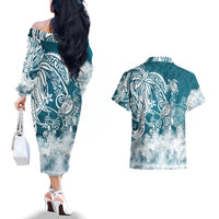 Polynesian Sea Turtle Couples Matching Off The Shoulder Long Sleeve Dress and Hawaiian Shirt Tribal LT6 - Wonder Print Shop