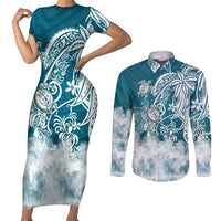 Polynesian Sea Turtle Couples Matching Short Sleeve Bodycon Dress and Long Sleeve Button Shirts Tribal LT6 - Wonder Print Shop