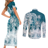 Polynesian Sea Turtle Couples Matching Short Sleeve Bodycon Dress and Long Sleeve Button Shirts Tribal LT6 - Wonder Print Shop