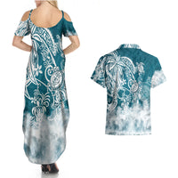 Polynesian Sea Turtle Couples Matching Summer Maxi Dress and Hawaiian Shirt Tribal LT6 - Wonder Print Shop