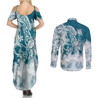 Polynesian Sea Turtle Couples Matching Summer Maxi Dress and Long Sleeve Button Shirts Tribal LT6 - Wonder Print Shop