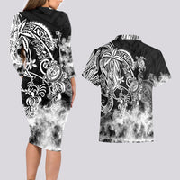Polynesian Sea Turtle Couples Matching Long Sleeve Bodycon Dress and Hawaiian Shirt Tribal Black LT6 - Wonder Print Shop