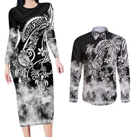 Polynesian Sea Turtle Couples Matching Long Sleeve Bodycon Dress and Long Sleeve Button Shirts Tribal Black LT6 - Wonder Print Shop