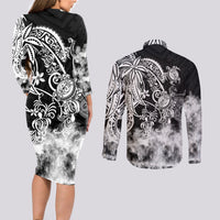 Polynesian Sea Turtle Couples Matching Long Sleeve Bodycon Dress and Long Sleeve Button Shirts Tribal Black LT6 - Wonder Print Shop
