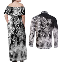 Polynesian Sea Turtle Couples Matching Off Shoulder Maxi Dress and Long Sleeve Button Shirts Tribal Black LT6 - Wonder Print Shop