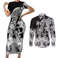 Polynesian Sea Turtle Couples Matching Short Sleeve Bodycon Dress and Long Sleeve Button Shirts Tribal Black LT6 - Wonder Print Shop