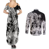 Polynesian Sea Turtle Couples Matching Summer Maxi Dress and Long Sleeve Button Shirts Tribal Black LT6 - Wonder Print Shop