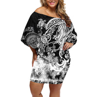 Polynesian Sea Turtle Off Shoulder Short Dress Tribal Black LT6 - Wonder Print Shop