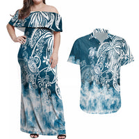 Polynesian Sea Turtle Couples Matching Off Shoulder Maxi Dress and Hawaiian Shirt Tribal Blue LT6 - Wonder Print Shop