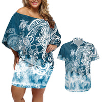 Polynesian Sea Turtle Couples Matching Off Shoulder Short Dress and Hawaiian Shirt Tribal Blue LT6 - Wonder Print Shop