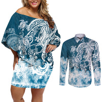 Polynesian Sea Turtle Couples Matching Off Shoulder Short Dress and Long Sleeve Button Shirts Tribal Blue LT6 - Wonder Print Shop