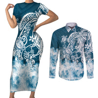 Polynesian Sea Turtle Couples Matching Short Sleeve Bodycon Dress and Long Sleeve Button Shirts Tribal Blue LT6 - Wonder Print Shop