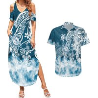 Polynesian Sea Turtle Couples Matching Summer Maxi Dress and Hawaiian Shirt Tribal Blue LT6 - Wonder Print Shop