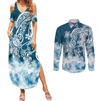 Polynesian Sea Turtle Couples Matching Summer Maxi Dress and Long Sleeve Button Shirts Tribal Blue LT6 - Wonder Print Shop