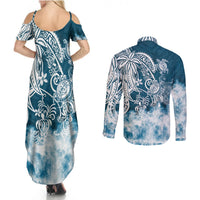 Polynesian Sea Turtle Couples Matching Summer Maxi Dress and Long Sleeve Button Shirts Tribal Blue LT6 - Wonder Print Shop