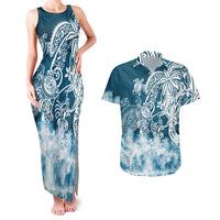 Polynesian Sea Turtle Couples Matching Tank Maxi Dress And Hawaiian Shirt Tribal Blue LT6 - Wonder Print Shop