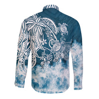 Polynesian Sea Turtle Long Sleeve Button Shirt Tribal Blue LT6 - Wonder Print Shop