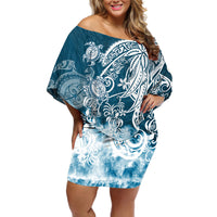 Polynesian Sea Turtle Off Shoulder Short Dress Tribal Blue LT6 - Wonder Print Shop