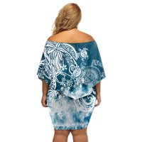 Polynesian Sea Turtle Off Shoulder Short Dress Tribal Blue LT6 - Wonder Print Shop