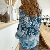 Polynesian Sea Turtle Women Casual Shirt Tribal Blue LT6 - Wonder Print Shop