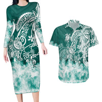 Polynesian Sea Turtle Couples Matching Long Sleeve Bodycon Dress and Hawaiian Shirt Tribal Green LT6 - Wonder Print Shop