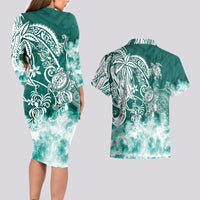 Polynesian Sea Turtle Couples Matching Long Sleeve Bodycon Dress and Hawaiian Shirt Tribal Green LT6 - Wonder Print Shop