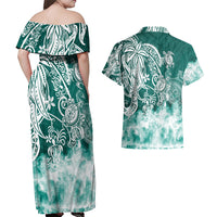 Polynesian Sea Turtle Couples Matching Off Shoulder Maxi Dress and Hawaiian Shirt Tribal Green LT6 - Wonder Print Shop
