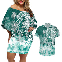Polynesian Sea Turtle Couples Matching Off Shoulder Short Dress and Hawaiian Shirt Tribal Green LT6 - Wonder Print Shop