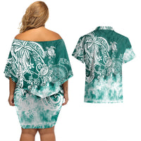 Polynesian Sea Turtle Couples Matching Off Shoulder Short Dress and Hawaiian Shirt Tribal Green LT6 - Wonder Print Shop