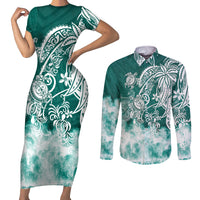 Polynesian Sea Turtle Couples Matching Short Sleeve Bodycon Dress and Long Sleeve Button Shirts Tribal Green LT6 - Wonder Print Shop