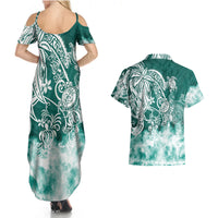 Polynesian Sea Turtle Couples Matching Summer Maxi Dress and Hawaiian Shirt Tribal Green LT6 - Wonder Print Shop