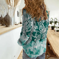 Polynesian Sea Turtle Women Casual Shirt Tribal Green LT6 - Wonder Print Shop