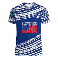 (Custom Personalised) Happy Fathers Day Samoa Women V Neck T Shirt I Love You Dad Blue LT6 - Wonder Print Shop