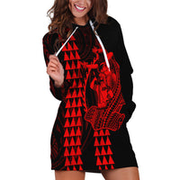 Polynesian Hoodie Dress Hawaiian Warrior and Aloha Girl With Hammerhead Shark Tattoos Red LT6 - Wonder Print Shop