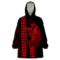 Polynesian Wearable Blanket Hoodie Hawaiian Warrior and Aloha Girl With Hammerhead Shark Tattoos Red LT6 - Wonder Print Shop