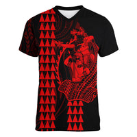 Polynesian Women V Neck T Shirt Hawaiian Warrior and Aloha Girl With Hammerhead Shark Tattoos Red LT6 - Wonder Print Shop