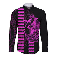 Polynesian Long Sleeve Button Shirt Hawaiian Warrior and Aloha Girl With Hammerhead Shark Tattoos Purple LT6 - Wonder Print Shop