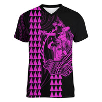 Polynesian Women V Neck T Shirt Hawaiian Warrior and Aloha Girl With Hammerhead Shark Tattoos Purple LT6 - Wonder Print Shop