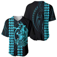 Polynesian Baseball Jersey Hawaiian Warrior and Aloha Girl With Hammerhead Shark Tattoos Light Blue LT6 - Wonder Print Shop