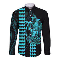 Polynesian Long Sleeve Button Shirt Hawaiian Warrior and Aloha Girl With Hammerhead Shark Tattoos Light Blue LT6 - Wonder Print Shop