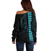 Polynesian Off Shoulder Sweater Hawaiian Warrior and Aloha Girl With Hammerhead Shark Tattoos Light Blue LT6 - Wonder Print Shop