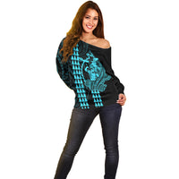 Polynesian Off Shoulder Sweater Hawaiian Warrior and Aloha Girl With Hammerhead Shark Tattoos Light Blue LT6 - Wonder Print Shop