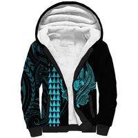Polynesian Sherpa Hoodie Hawaiian Warrior and Aloha Girl With Hammerhead Shark Tattoos Light Blue LT6 - Wonder Print Shop